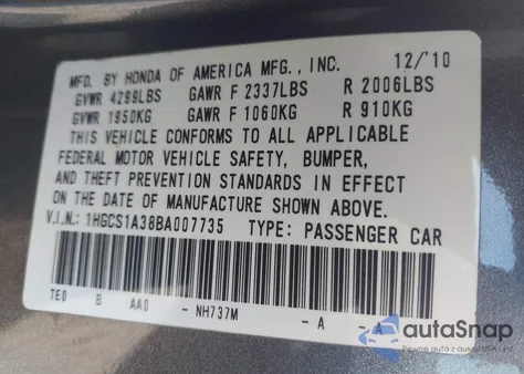 2011 Honda Accord 2.4 Lx-S из США, поврежденный, VIN 1HGCS1A38BA007735